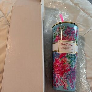 Lilly Pulitzer Blue Floral Beach Tumbler with Pink Straw